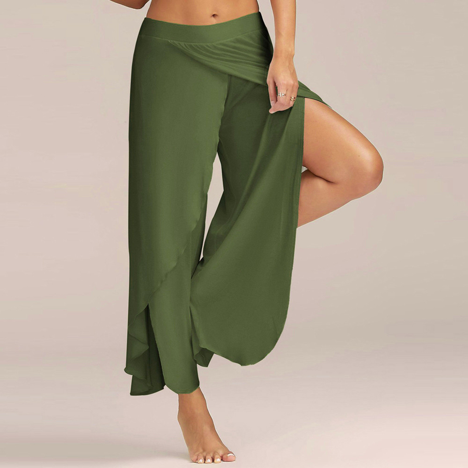 Yourumao Wide Leg Pants for Women Flowy Palazzo Pants Casual Split High Waisted Summer Beach Pants with Pocket Lightweight Quick Dry